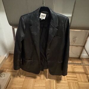 Zara Black Leather Blazer Jacket